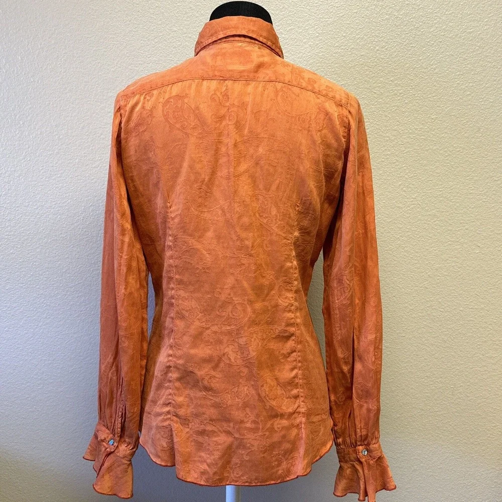 Ryan Michael Small Western Silk Cotton Orange Long Sleeve Ruffle Blouse Top - Picture 6 of 13